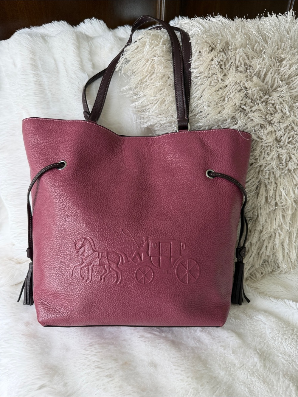 Coach Pebbled Leather Tote in Berry with Dark Brown Handles